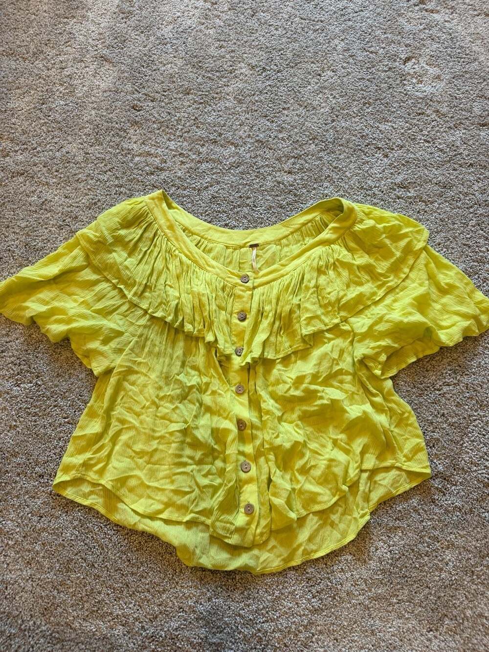 Free People Marcella Top Shirt Blouse Women's Lime Green Ruffle Short Sleeve But
